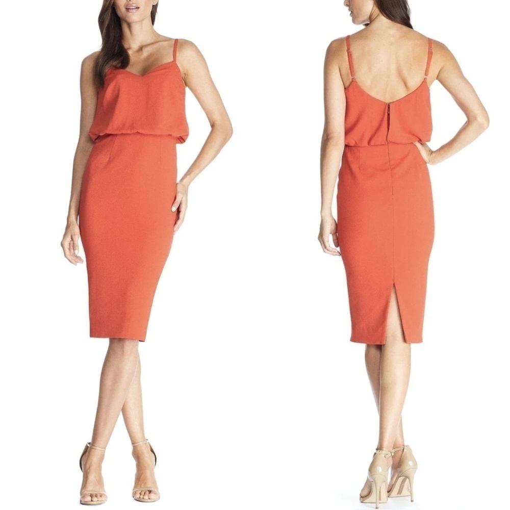 NWT Dress The Population Alondra V-Neck Blouson Pencil Midi Dress in Poppy Sz. S